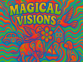 Une carte de visite colorée et psychédélique pour le spectacle "Magical Visions" de Matthew Wright.