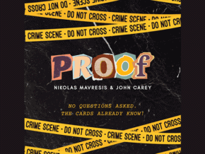 Carte de magie "Proof" avec design mystérieux et rubans de scène de crime.