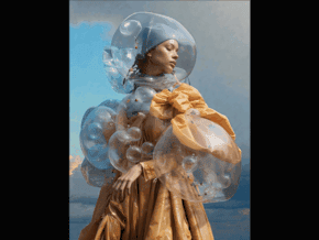 Magicien avec bulle d'air géante, costume original, scène de magie créative.