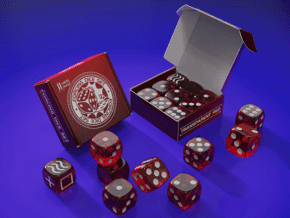 Jeu de dés forcés rouge transparent pour magie et illusions, présenté dans une boîte avec un design.