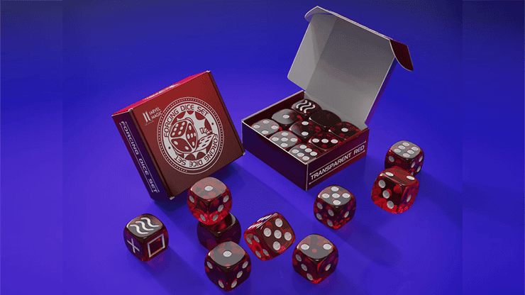Forcing Dice Set by IARVEL Magic (Transparent Red) 1 Jeu de dés forcés rouge transparent pour magie et illusions, présenté dans une boîte avec un design.