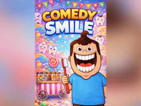 Illusion comique avec un sourire exagéré et un décor coloré de fête.