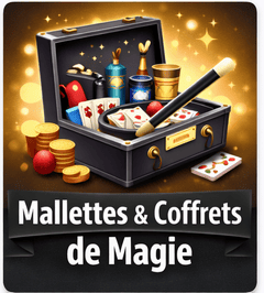 Coffret de magie contenant des malles, cartes, pièces et accessoires pour illusionnistes.