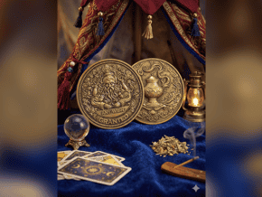 Pièces de magie anciennes avec motifs mystiques et accessoires de magie.