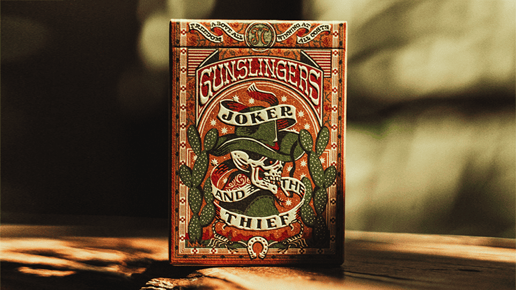 Paquet de cartes Gunslingers Poker rouges avec design de skull et feuilles.