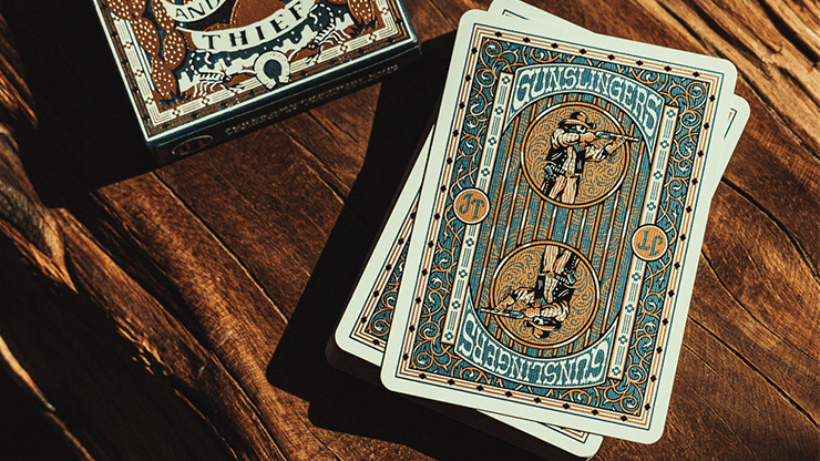 Jeu de cartes à jouer Gunslingers Poker en bleu avec design détaillé.