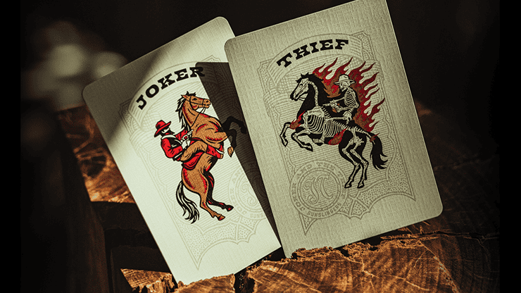 Paquet de cartes à jouer Gunslingers Poker bleu avec illustrations de cowboys.