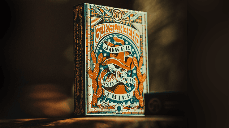 Paquet de cartes Gunslingers Poker bleu avec design détaillé.
