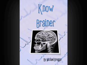 Livre de magie 'Know Brainer' avec illustration de cerveau et crâne.